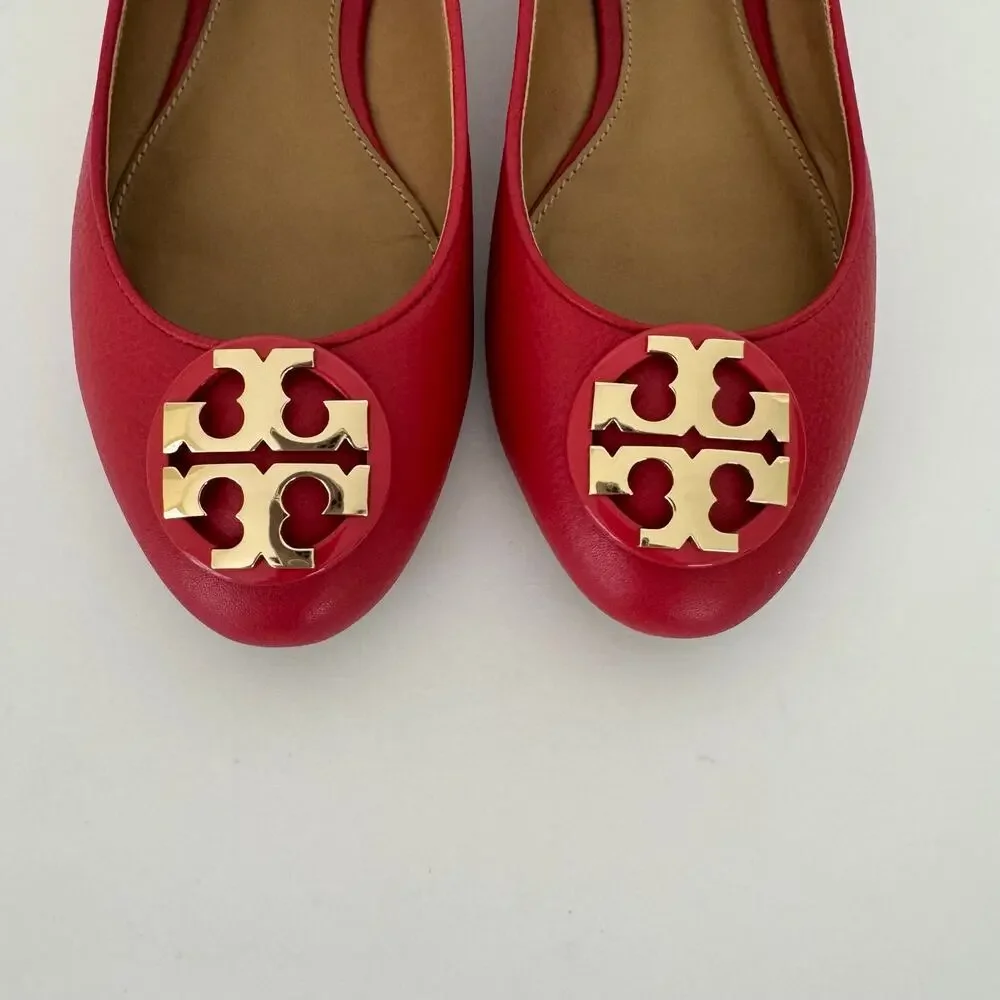 Tory Burch Claire Ballet Flats Round-Toe Brilliant Red Tumbled Leather 7.5M